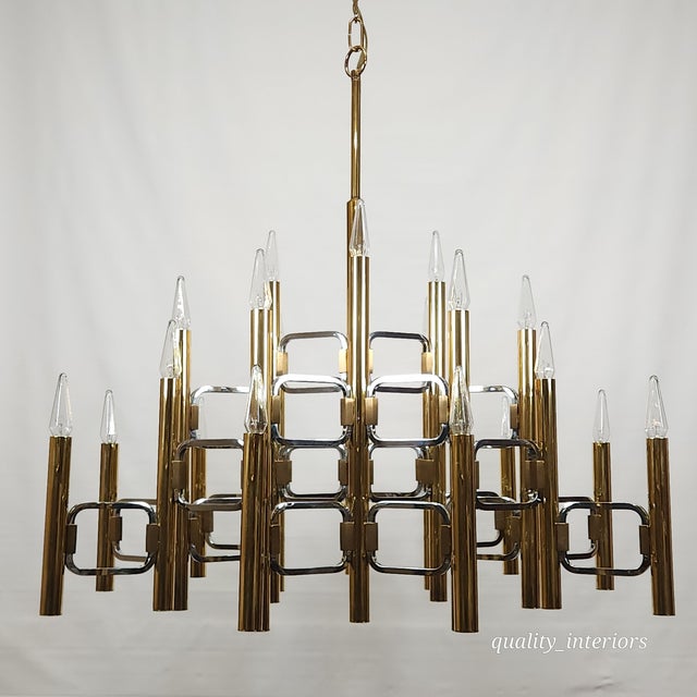 Massive Vintage Gold & Chrome Gaetano Scolari Chandelier 21 Light Chandelier For Sale - Image 13 of 13
