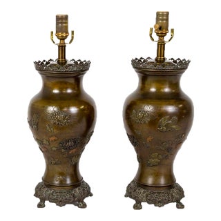 Late 19th Century Meiji Japanese Cast Bronze Relief Chrysanthemum & Birds Lamps - a Pair For Sale