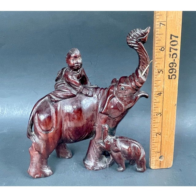 Vintage Rosewood Elephant Carving – Asian Hand-Carved Figurine – Lucky Elephant With Calf & Child For Sale - Image 10 of 10