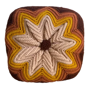 Mid Century 1960s Crochet Afghan Square Pillow Handmade Boho Chic Cushion