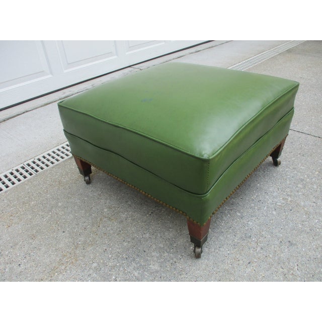 50s Square Olive Green Vinyl Footstool Brass Tacks and Casters For Sale - Image 4 of 11