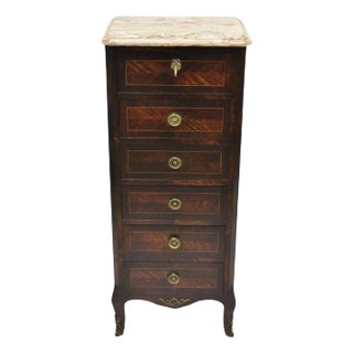 Antique French Louis XV Style Marble Top 6 Drawer Lingerie Tall Chest W/ Bronze For Sale