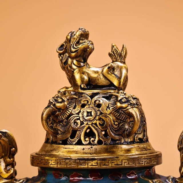 Pair of Vintage Chinese Cloisonné Enamel & Gilt Bronze Dragon Censers / Incense Burners For Sale - Image 10 of 10