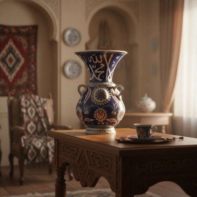 2020s Handmade Ceramic Kandil Vase (50cm) Cobalt Blue Calligraphy Triple Handled Form For Sale - Image 5 of 11