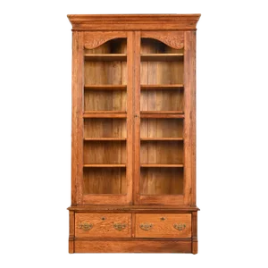Antique Victorian Carved Oak Glass Front Bookcase, Circa 1900