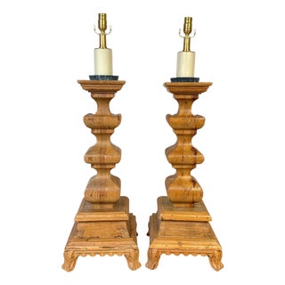 Pair of Monumental Tuscan Carved Pine Column Table Lamps, Rewired For Sale