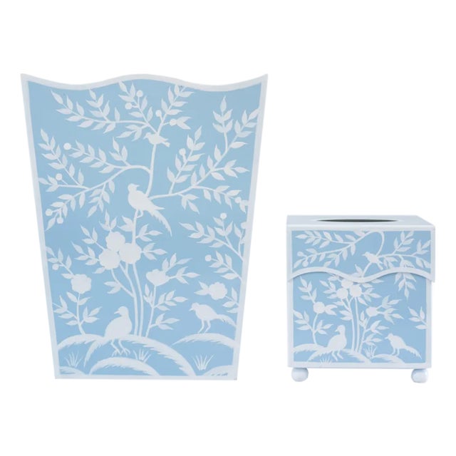 Blue Bird & Vine Tole Waste Basket & Tissue Box Set For Sale