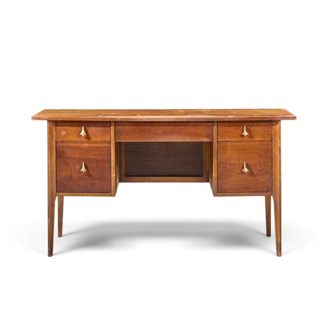 Broyhill Brasilia Mid Century Walnut and Brass Desk This desk measures: 56 wide x 23 deep x 30 high, with a chair...