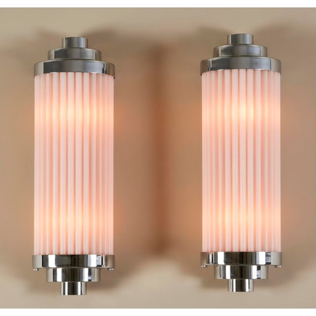 Pair Skyscraper Vintage Art deco light Old Lamp Wall Sconces Fixture Nickel Brass & Pink Glass Rod Ship Light Excellent...