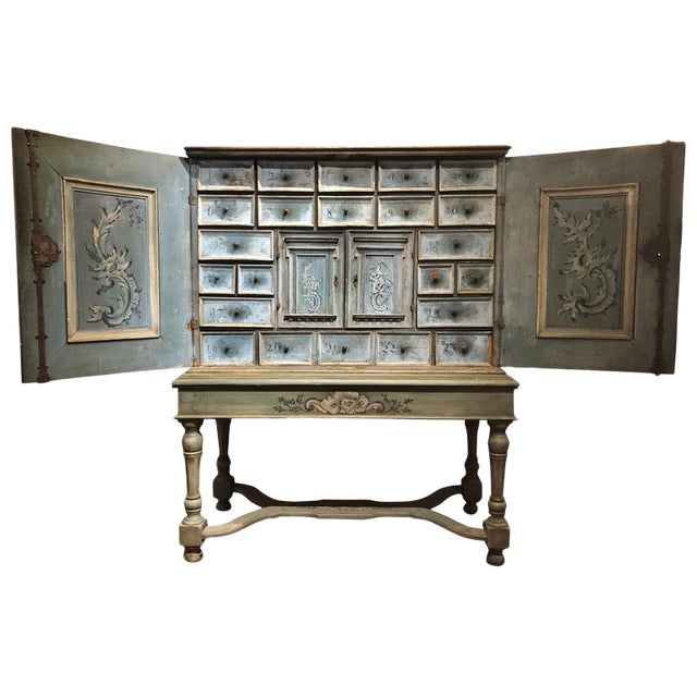 17th Century Blue Hand Painted Swiss Baroque Multi Drawer Cabinet