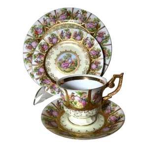 1950s Royal Vienna by Arnart “Love Story” Hand Painted, Couple Scenes Rim & Center, Gold Trim Collection - 4 Piece Place Setting