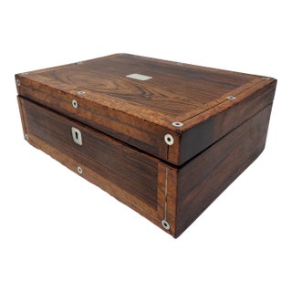 Rosewood Box 19th Century Rosewood Marquetry Mother-of-Pearl and Pewter (Or Silver) Inlays on Lid and Escutcheon For Sale