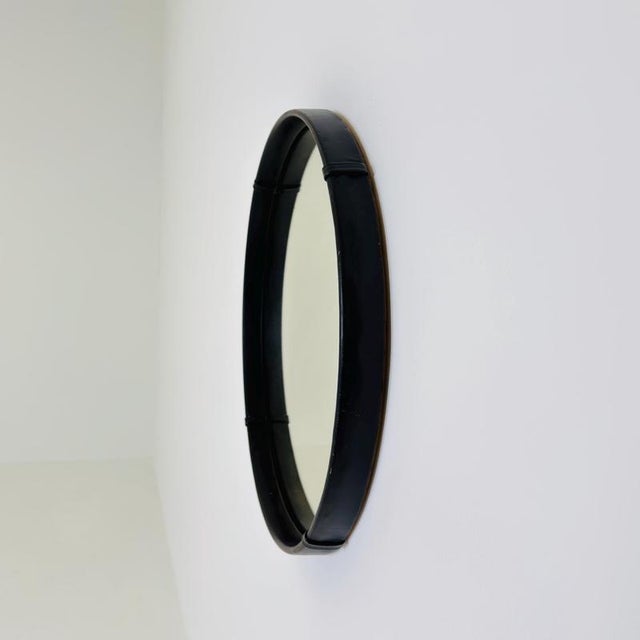 Contemporary Mid-Century Modern Round Wall Mirror with Black Leather Frame, 1970s For Sale - Image 3 of 11