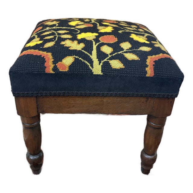 19th-Century Stool With Turned Legs and Newer Morris-Style Needlepoint Cover For Sale