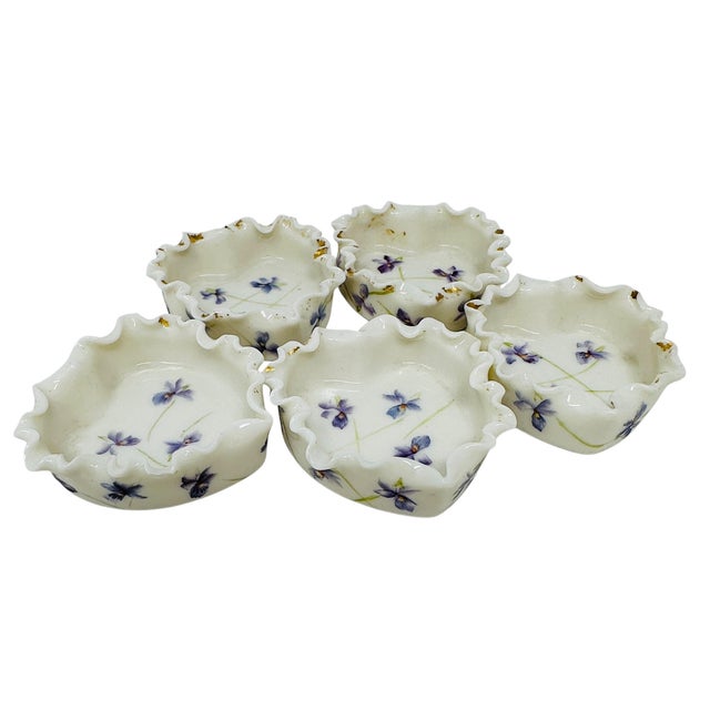 1950s Vintage Hand-Painted Violet Porcelain Salt Cellars, Set of 5, Ruffled Gold Trim Mini Dishes, Unmarked Japan, Lefton China Style, Cottagecore Decor For Sale - Image 5 of 8