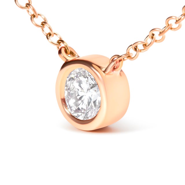 Contemporary 10K Rose Gold 1/2 Carat Round Brilliant-Cut Diamond Modern Bezel-Set Solitaire 16"-18" Pendant Necklace (H-I Color, SI2-I1 Clarity) For Sale - Image 3 of 6