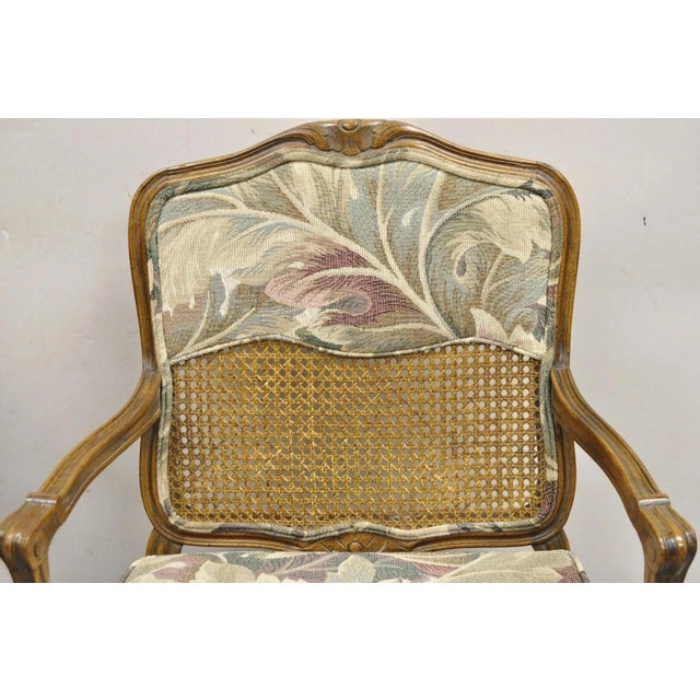 French Vintage French Country Louis XV Style Upholstered Cane Lounge Arm Chairs - Pair For Sale - Image 3 of 12