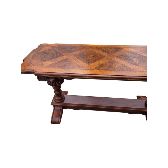 1990s 1990s Thomasville Fine Burl Trestle Table Parque Top Console Hall Table Jacobean Style For Sale - Image 5 of 15