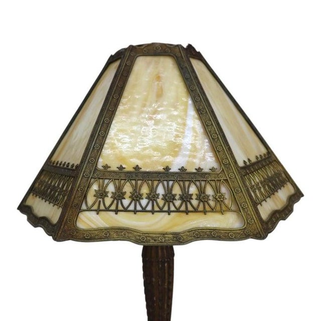 Traditional Bradley & Hubbard Arts & Crafts 6 Panel Slag Glass Table Lamp C1920 For Sale - Image 3 of 9