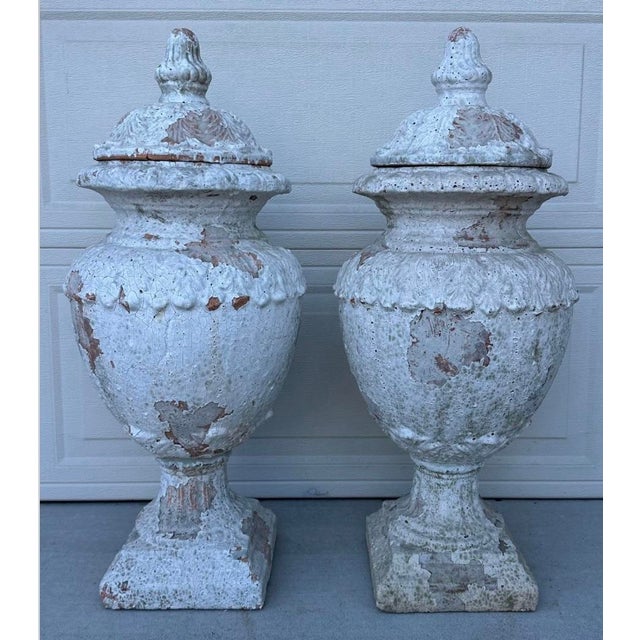 French Pair of 19th Century French Terracotta White Urns For Sale - Image 3 of 12