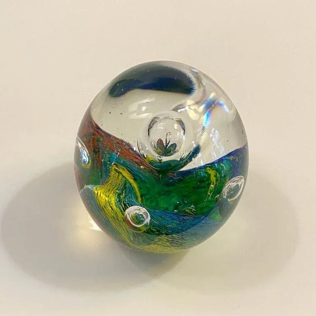 Green 1980s Italian Murano Style Rainbow Bubble Art Glass Paperweight For Sale - Image 8 of 10