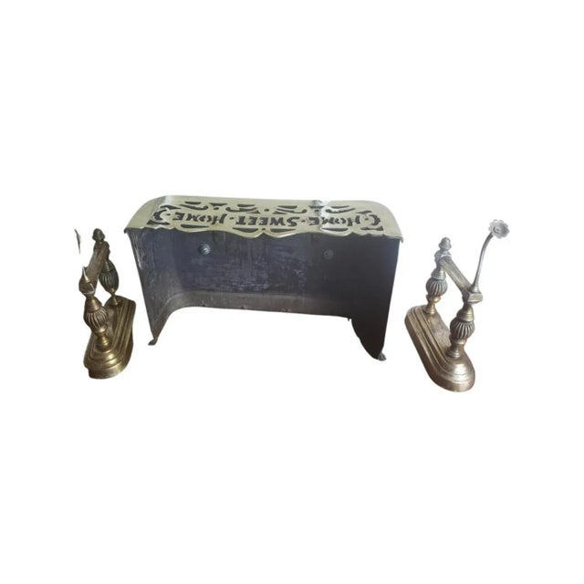 1920s 1920s "Home Sweet Home" Solid Brass Fireplace Fender and Fireplace Dogs Set- 3 Pieces For Sale - Image 5 of 11