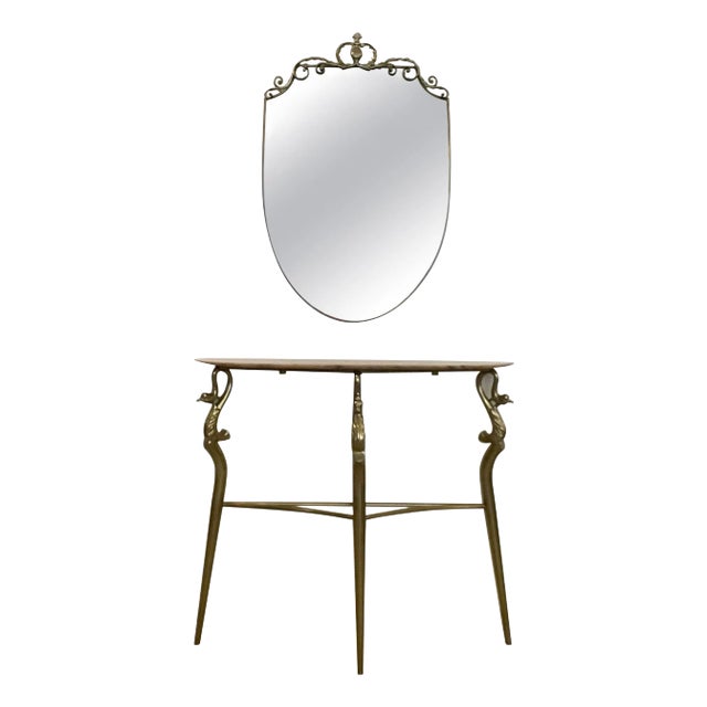1950's Italian Brass Marble Console with Mirror - Set of 2 For Sale
