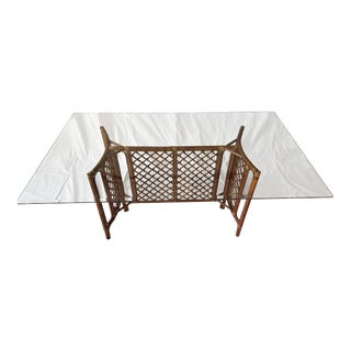1970s Bamboo Rattan Lattice Fretwork Base With Glass Top Dining Table For Sale