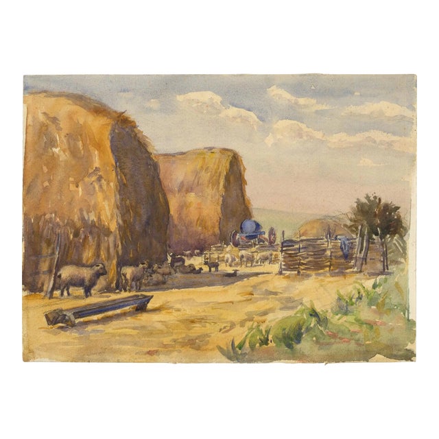 1970s Vintage Original Watercolor Painting of Sheep Farm For Sale