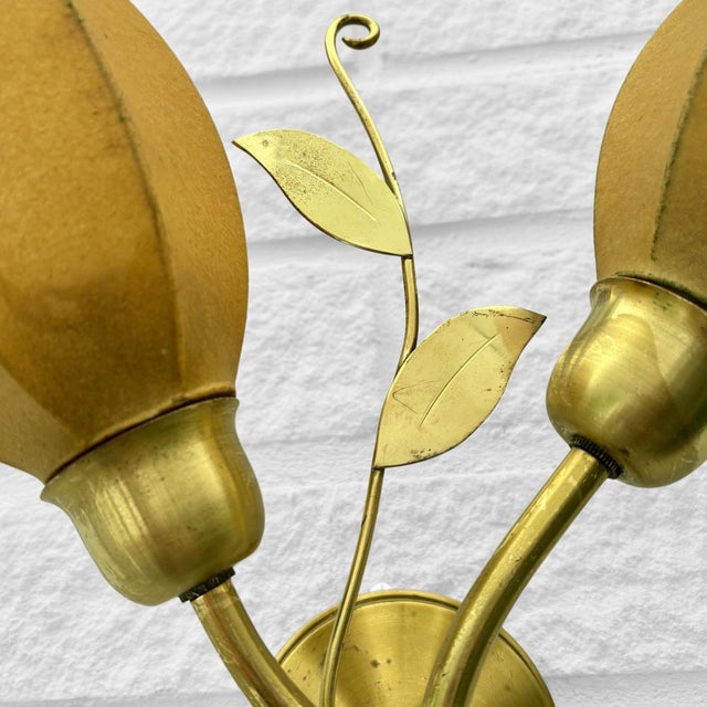 Scandinavian Wall Lamp with Leaf Decoration in Brass with Cocoon Shades, Denmark, 1950s For Sale - Image 6 of 11
