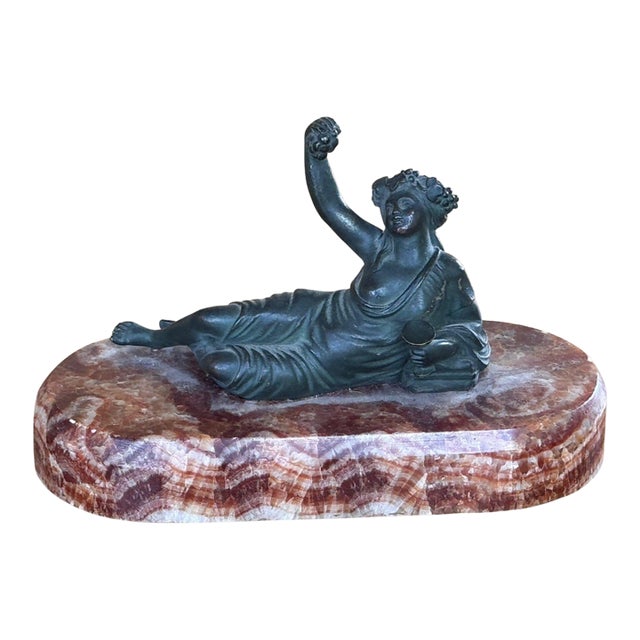 19th Century French Bronze Reclining Figure With Grapes on Banded Stone Base For Sale