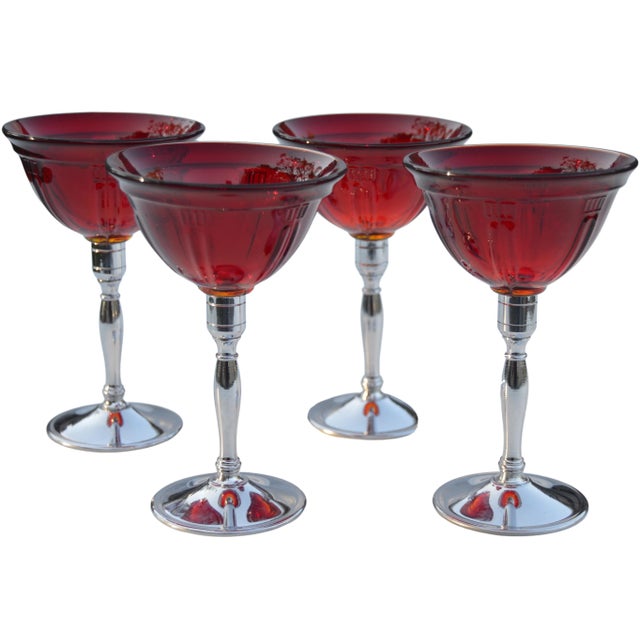 Vintage Red-Patterned & Silver Stemmed Glasses - Set of 4 For Sale - Image 10 of 10