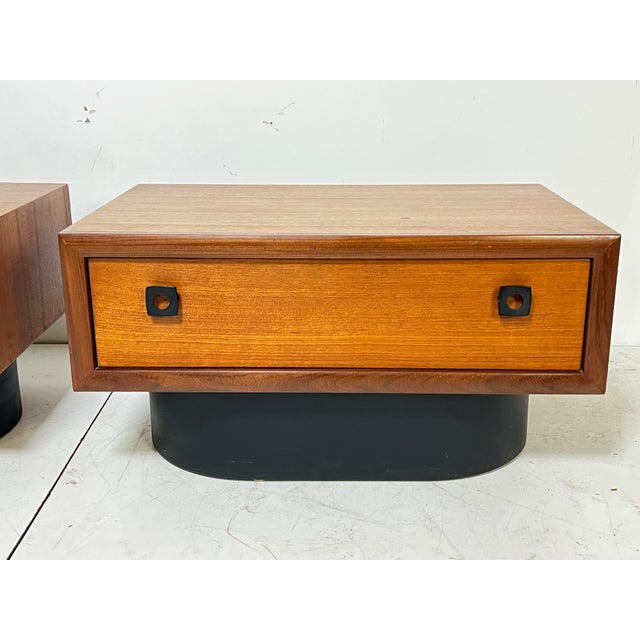 A pair of teak and leather wrapped night stands by RS Associates of Montreal, Canada, ca. 1960s. These pieces were...