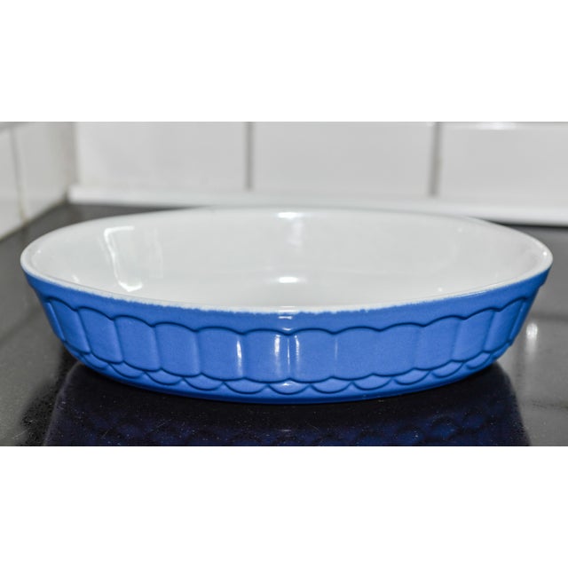 Vintage French Blue & White Oval Ceramic Baking Dish | Embossed Scallop Pattern | 11" Stoneware Baker | French Pottery | Farmhouse Quiche For Sale - Image 9 of 9