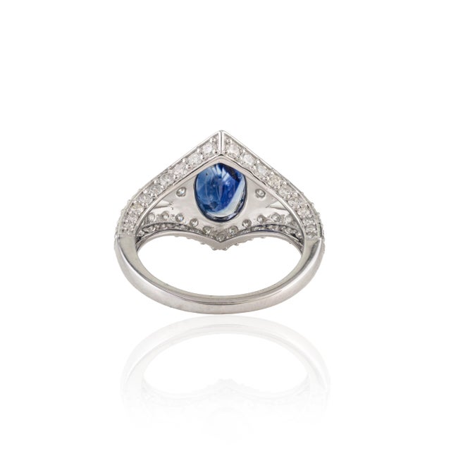 Metal 1920s Style 2.6 Ct Deep Blue Sapphire Art Deco Diamond Ring Size 5.5 in 14k White Gold For Sale - Image 7 of 16
