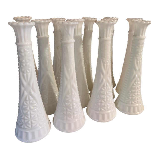 Set of 11, Vintage Anchor Hocking Starburst Milk Glass Vases For Sale
