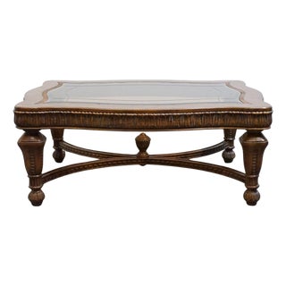 Drexel Heritage Talavera Collection Walnut Contemporary Spanish Mediterranean 52" Accent Glass-Topped Coffee Table 532-107 For Sale