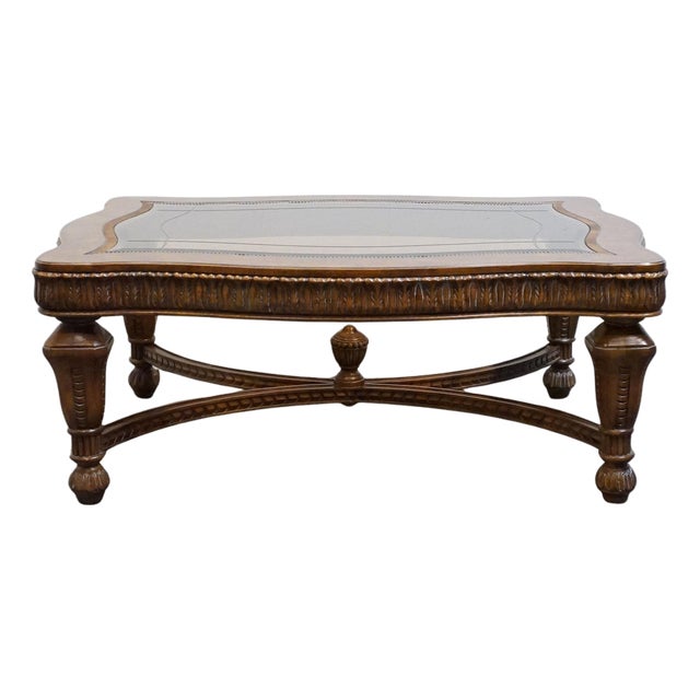 Drexel Heritage Talavera Collection Walnut Contemporary Spanish Mediterranean 52" Accent Glass-Topped Coffee Table 532-107 For Sale
