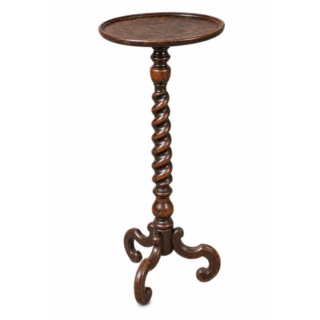 A British oak barley twist pedestal, made in the 1920s–1930s, with a dished circular top framed by a raised molded rim....