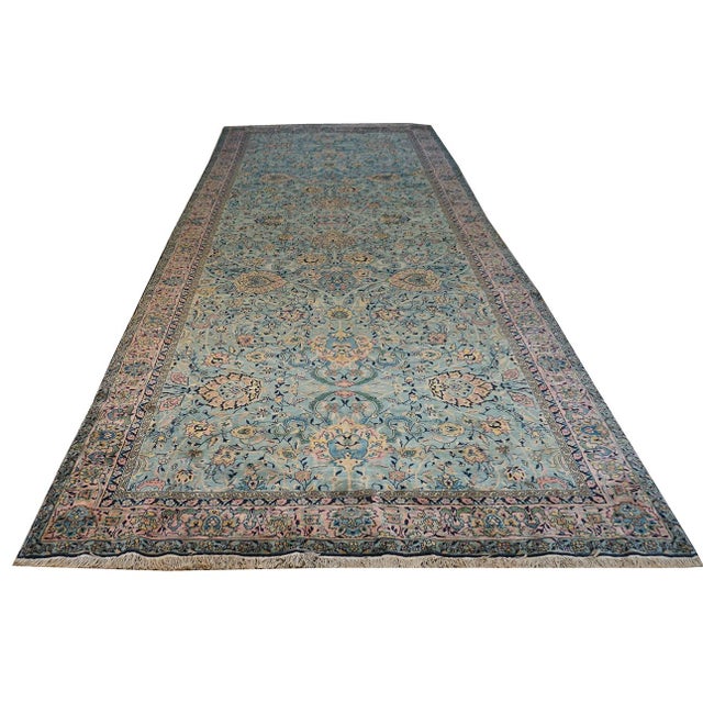 1920 Blue India Shahrestan Rug 6' 6" ( 198 cm )x 18' 4" ( 559 cm ) This circa-1920 Antique Shahrestan runner is a...
