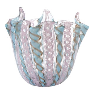 Murano Vintage Pink Blue Copper Aventurine Flecks Zanfirico Ribbons Italian Art Glass Fazzoletto Vase For Sale