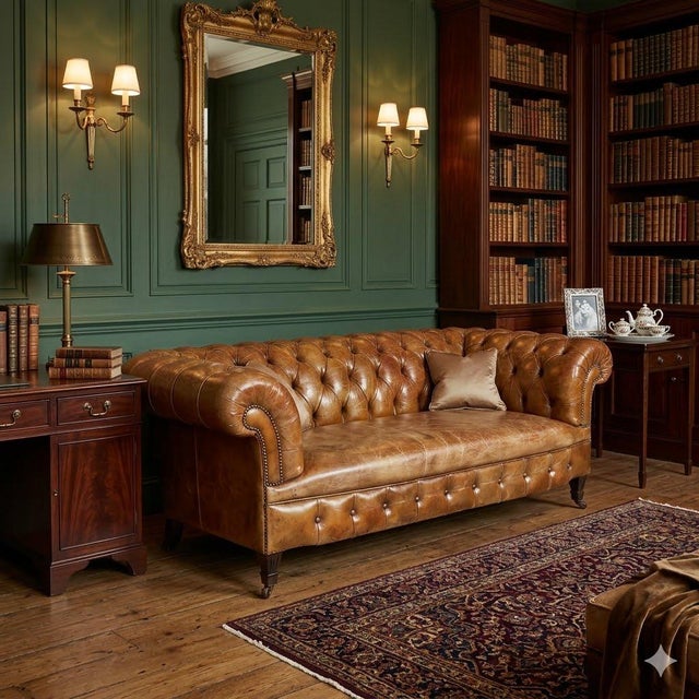 1930s Circa 1930s English Chesterfield Tufted Leather Sofa in Original Distressed Tan Leather For Sale - Image 5 of 9