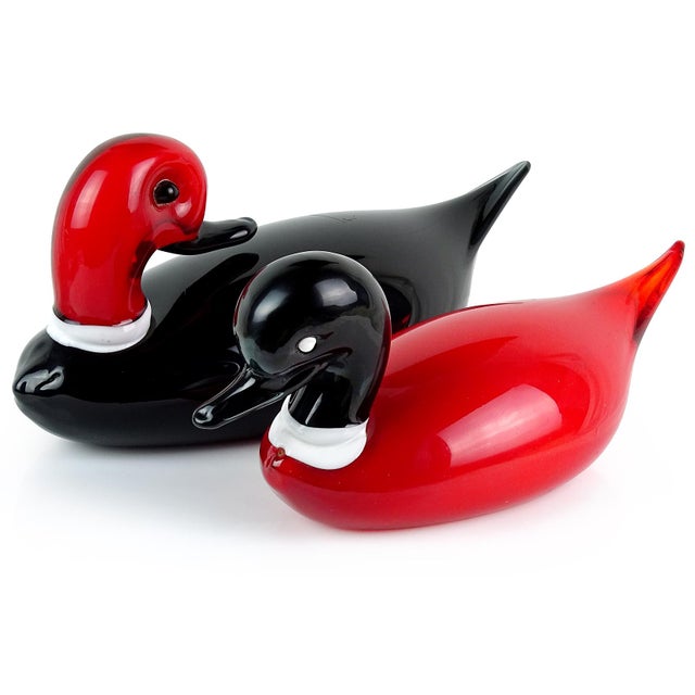 Beautiful, large, and elegant vintage Murano hand blown red and black Italian art glass duck birds sculptures. The male...