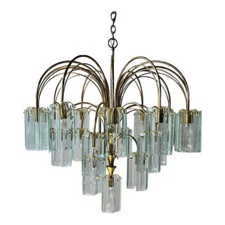 1970s Italian Brass and Beveled Glass Waterfall Chandelier For Sale