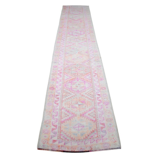 Hand Knotted Muted Colors Runner Rug Oushak Design Low Pile Hallway Decor - 2′7″ X 13′7″ For Sale - Image 6 of 13