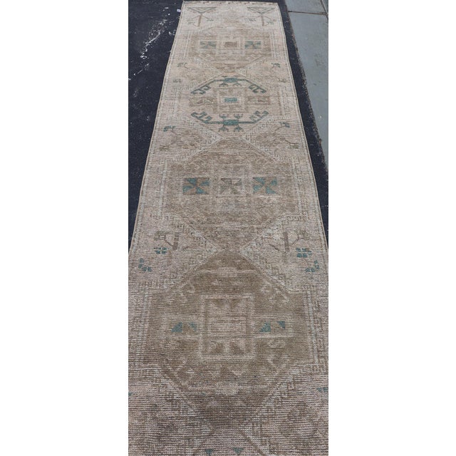 Long Vintage Turkish Oushak Runner With Soft Taupe, Sand, and Pale Teal For Sale - Image 9 of 14