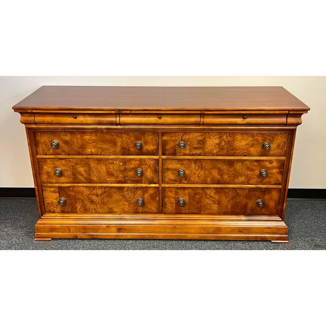 Stately Ethan Allen "Townhouse" Collection 9-Drawer Double Dresser, featuring a sophisticated blending of Neo-Classical...