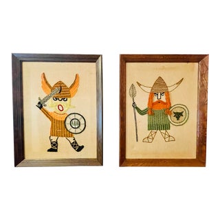 Pair of Mid-Century Needle-Point Viking Wall Art Pieces For Sale
