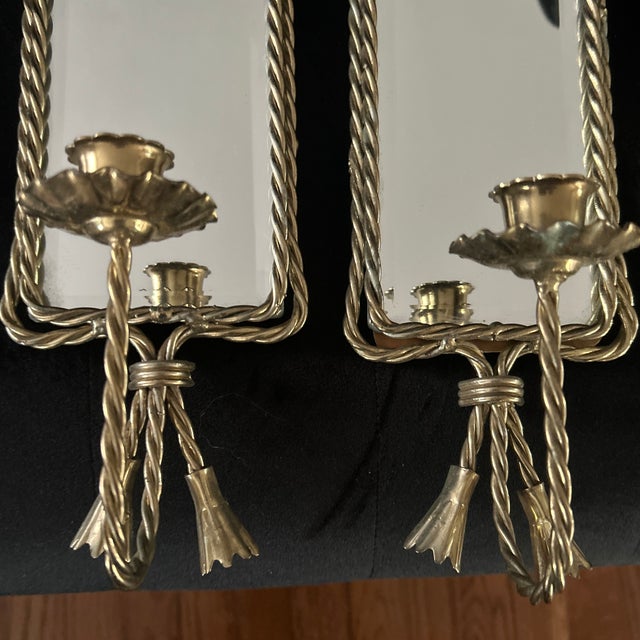 Hollywood Regency 1960s Hollywood Regency 3 Piece Rope $ Tassle Mirrored Sconces & Center Mirror For Sale - Image 3 of 6