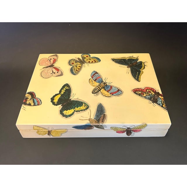 Vintage butterfly poker card game set box, screen print on wood, with two decks of playing cards, eight dices and chips /...